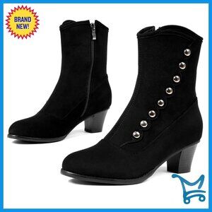 Victorian Ankle Boots Suede Chunky Heel Almond Toe Dress Shoes